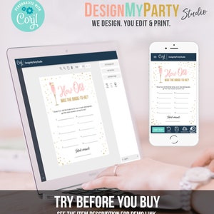 May include: A printable bridal shower game with a pink and gold design. The game is called "How Old Was The Bride-To-Be?" and asks guests to guess the bride's age in various photographs.
