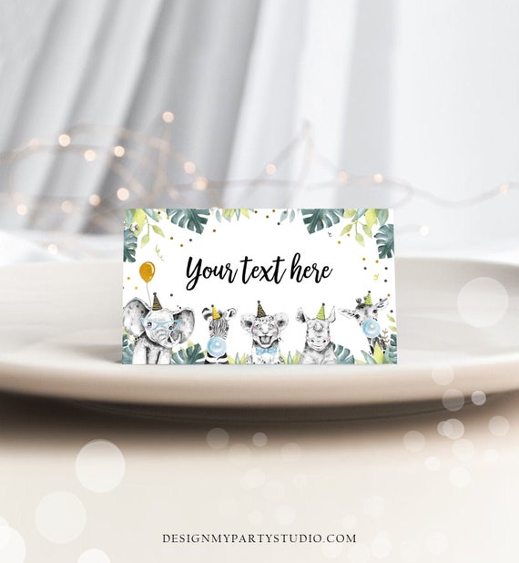 Editable Party Animals Food Labels Wild One Boy Black Gold Safari Animals Birthday Place Card Tent Card Escort Card Corjl Template 0322 Il_570xn
