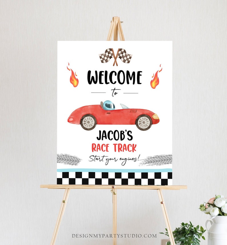 Editable Racing Birthday Welcome Sign Race Car Birthday Sign Growing Up Two Fast 2nd Birthday Red Boy Decor Digital Template Printable 0424 image 2