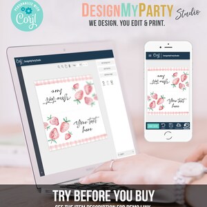May include: A computer screen displaying a design template for a strawberry-themed party favor tag. The tag features a pink and white gingham pattern with watercolor strawberries. The text "Your text here" is displayed on the tag. The screen is open in a web-based design program called "Corjl".