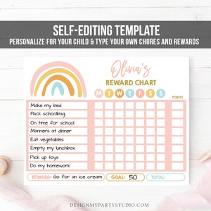 Editable Rainbow Reward Chart for Girls Chore Chart for Kids Routine Chart Pink Pastel Colors Confetti Digital Printable Corjl Template 0331