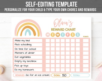 Editable Rainbow Reward Chart for Girls Chore Chart for Kids Routine Chart Pink Pastel Colors Confetti Digital Template Printable 0331