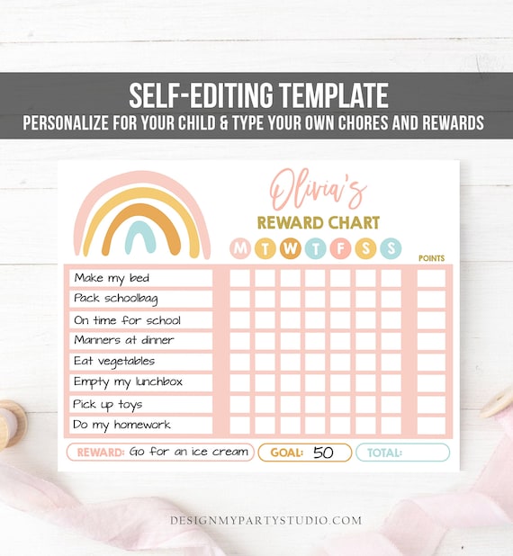Editable Rainbow Reward Chart for Girls Chore Chart for Kids Routine Chart Pink Pastel Colors Confetti Digital Printable Corjl Template 0331 Il_570xn