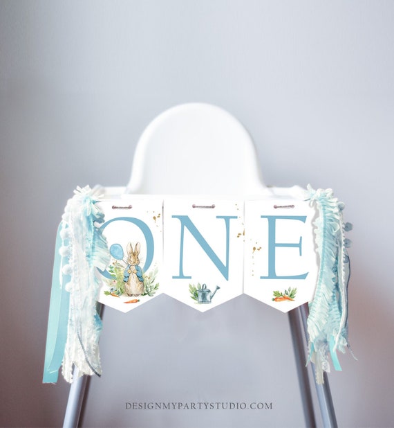 Peter Rabbit High Chair Banner Peter Rabbit 1st First Birthday Boy High Chair ONE Banner Boy Blue Rustic Party Decor PRINTABLE Digital 0351 Il_570xn
