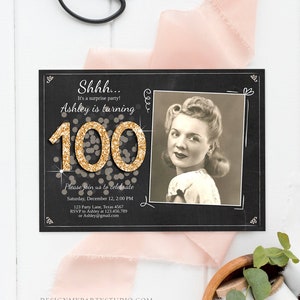 Editable ANY AGE Surprise Birthday Invitation Adult 100th Party Rustic Chalk Black Gold Glitter Photo Download Printable Corjl Template 0103