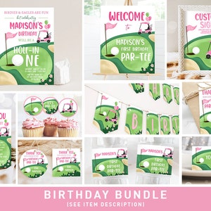 Hole in One Birthday Invitation Bundle Golf First Birthday Par-tee Girl Golfing Party Pack One Invite Digital Printable Corjl Template 0405