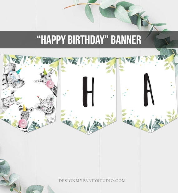 Happy Birthday Banner Safari Animals Blue Teal Party Animals Wild One Birthday Boy Zoo Decorations Instant download PRINTABLE DIGITAL 0322 Il_570xn