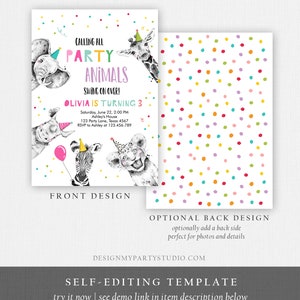 May include: Editable party invitation template featuring a colorful confetti background and a white background with a cartoon illustration of animals wearing party hats. The text on the invitation reads "Calling all Party Animals Swing on Over! Olivia is turning 3. Saturday, June 22, 2:00 PM Ashley's House 123 Party Lane, Texas 4567 RSVP to Ashley at 123.456.789".