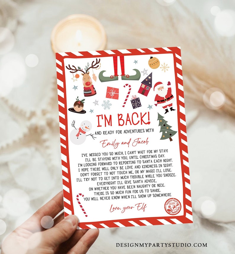 May include: A festive red and white Christmas-themed card with the text "I'M BACK!" and illustrations of holiday icons. The card includes a message from an elf, with the names "Emily and Jacob" and the words "Love, your Elf".