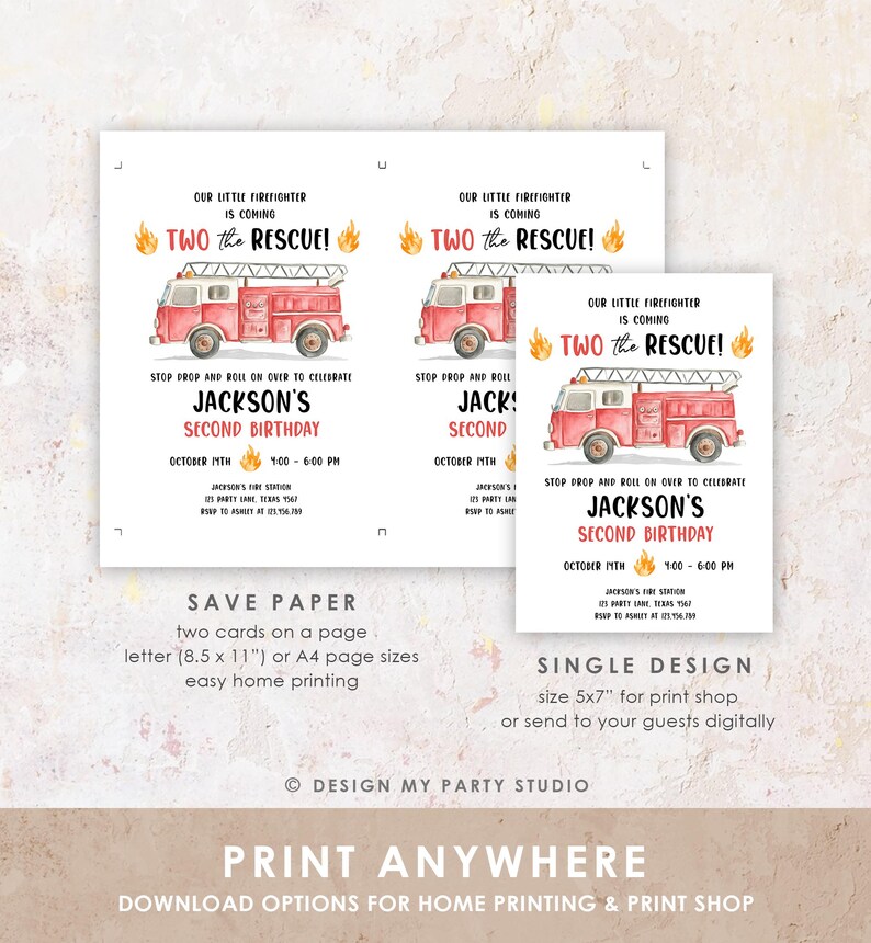 Fire Rescue Invitations Editable Two the Rescue Birthday Invitation Firetruck Firefighter Boy ...