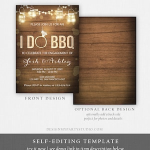 May include: A rustic wood background with a white invitation for a wedding engagement party. The invitation features a ring, string lights, and the text "I Do BBQ" to celebrate the engagement of Josh & Ashley. The invitation includes the date, time, and location of the event. The text "Please RSVP to Ashley at 123.456.789" is included at the bottom of the invitation.