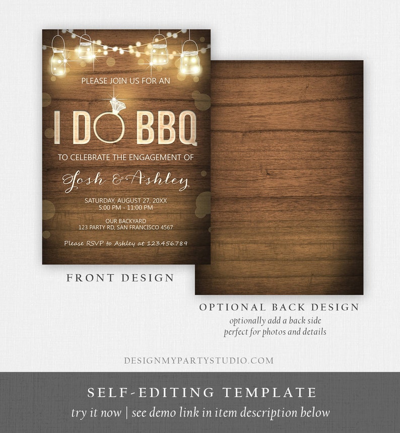 May include: A rustic wood background with a white invitation for a wedding engagement party. The invitation features a ring, string lights, and the text "I Do BBQ" to celebrate the engagement of Josh & Ashley. The invitation includes the date, time, and location of the event. The text "Please RSVP to Ashley at 123.456.789" is included at the bottom of the invitation.