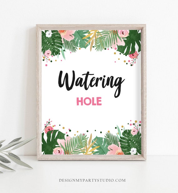 Watering Hole Birthday Sign Drink Table Decor Tropical Safari Birthday Wild One Animals Girl Pink Gold Table Sign Jungle PRINTABLE 0332 Il_570xn