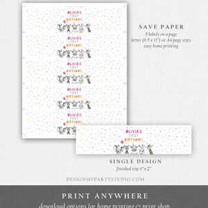 May include: Printable labels with a white background and colorful confetti. The labels feature a black and white illustration of animals wearing party hats and the text "Olivia's First Birthday!" in pink and black. The labels are designed to fit on 8.5 x 11 inch paper and can be printed at home.