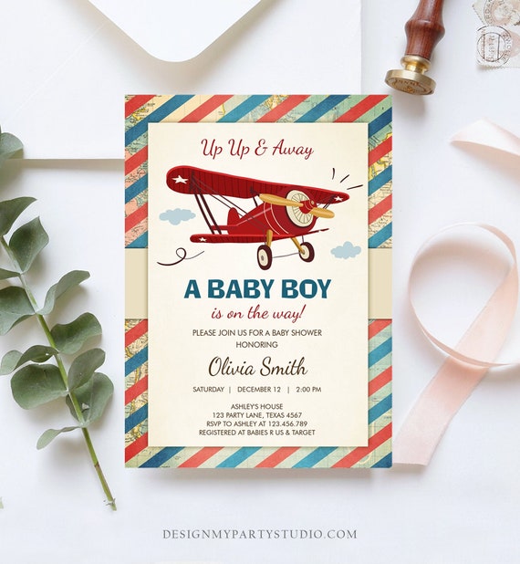 Editable Up Up and Away Airplane Baby Shower Invitation Travel Adventure Baby Boy Red Plane Instant Download Digital Corjl Template 0011 Il_570xn