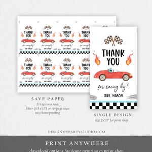 Puede incluir: Etiquetas de agradecimiento imprimibles con un coche de carreras rojo con llamas y banderas a cuadros. El texto dice "Gracias por correr! Con cari&ntilde;o, Mason". Las etiquetas est&aacute;n dise&ntilde;adas para una fiesta con tem&aacute;tica de carreras.