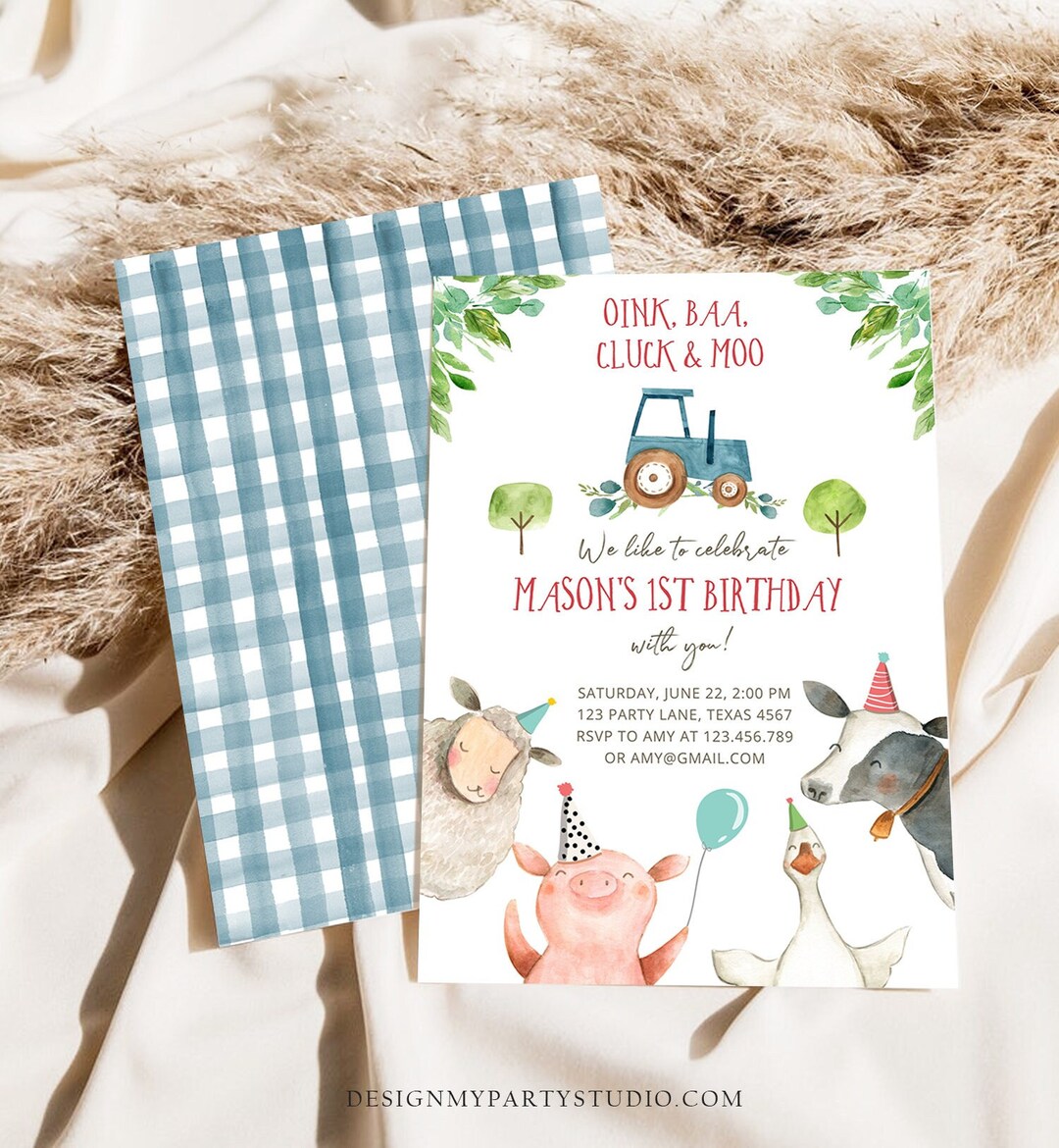 Editable Farm Animals Birthday Invitation Boy Fist 1st Party Animals ...