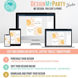 May include: A digital mockup of a printable design for a party. The design features a yellow sun with orange rays and the text "Happy Birthday". The design is shown on a computer screen, a tablet, and a smartphone. The text "Edit and Download with PC, Laptop, Tablet, Smartphone" is displayed below the mockups. The text "Purchase Your Design, Edit Your Design Online, Download and Print Your Design" is displayed below the text "Edit and Download with PC, Laptop, Tablet, Smartphone".
