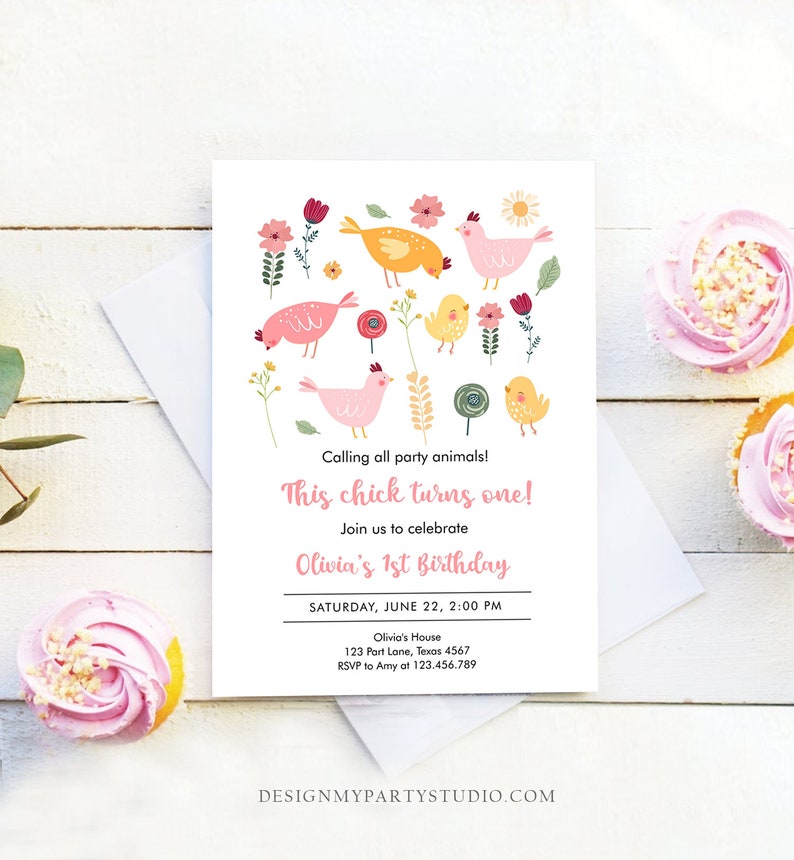 Editable Little Chick Birthday Invitation Girl Spring Birthday Party Farm Barnyard Chicken Easter Download Corjl Template Printable 0446 image 4