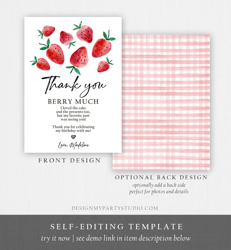 Editable Strawberry Thank You Card Strawberry Birthday First Etsy