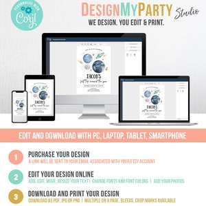 May include: A digital mockup of a printable invitation for a child's first trip around the sun. The invitation features a watercolor illustration of planets and stars on a blue background. The text "Jacob's First Trip Around the Sun" is written in gold lettering. The invitation is available for purchase and customization online.