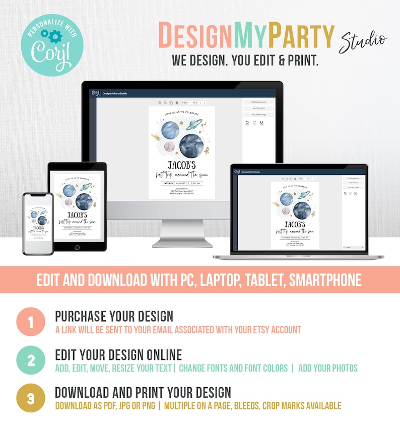 May include: A digital mockup of a printable invitation for a child's first trip around the sun. The invitation features a watercolor illustration of planets and stars on a blue background. The text "Jacob's First Trip Around the Sun" is written in gold lettering. The invitation is available for purchase and customization online.