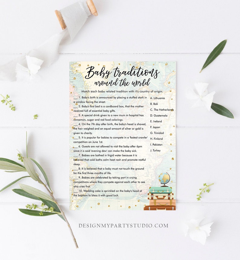 Editable Baby Traditions Around the World Baby Shower Game Card Travel Adventure Journey Activity Printable Download Template Corjl 0263 image 2