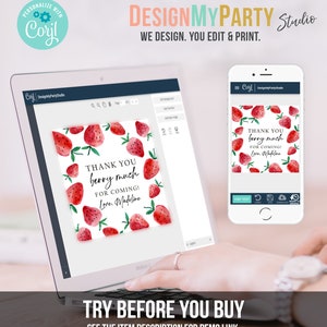 May include: A computer screen displaying a design template for a thank you card with a watercolor strawberry design. The text on the card reads "Thank you berry much for coming! Love, Madeline". The screen is open in a design program called "Corjl" and the text "TRY BEFORE YOU BUY" is displayed below the screen.