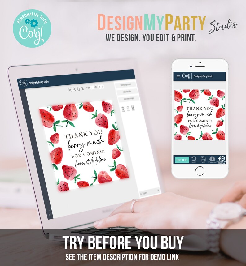 May include: A computer screen displaying a design template for a thank you card with a watercolor strawberry design. The text on the card reads "Thank you berry much for coming! Love, Madeline". The screen is open in a design program called "Corjl" and the text "TRY BEFORE YOU BUY" is displayed below the screen.