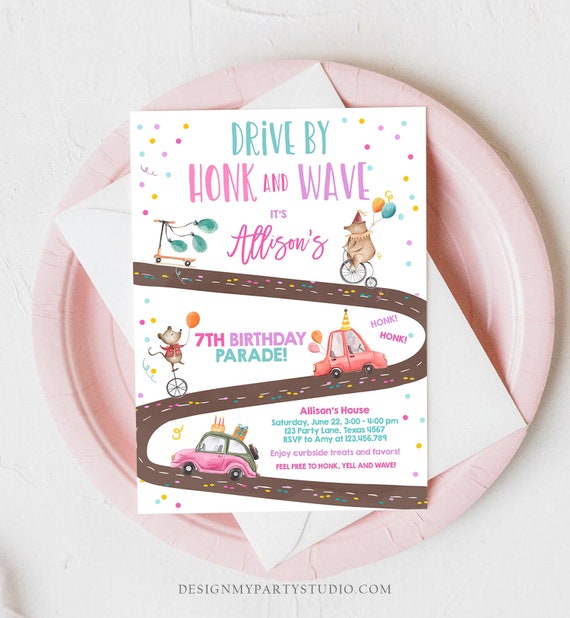 Editable Drive By Birthday Parade Invitation Circus Virtual Party Invite Honk Wave Girl Pink Quarantine Instant Download Digital Corjl 0344 Il_570xn