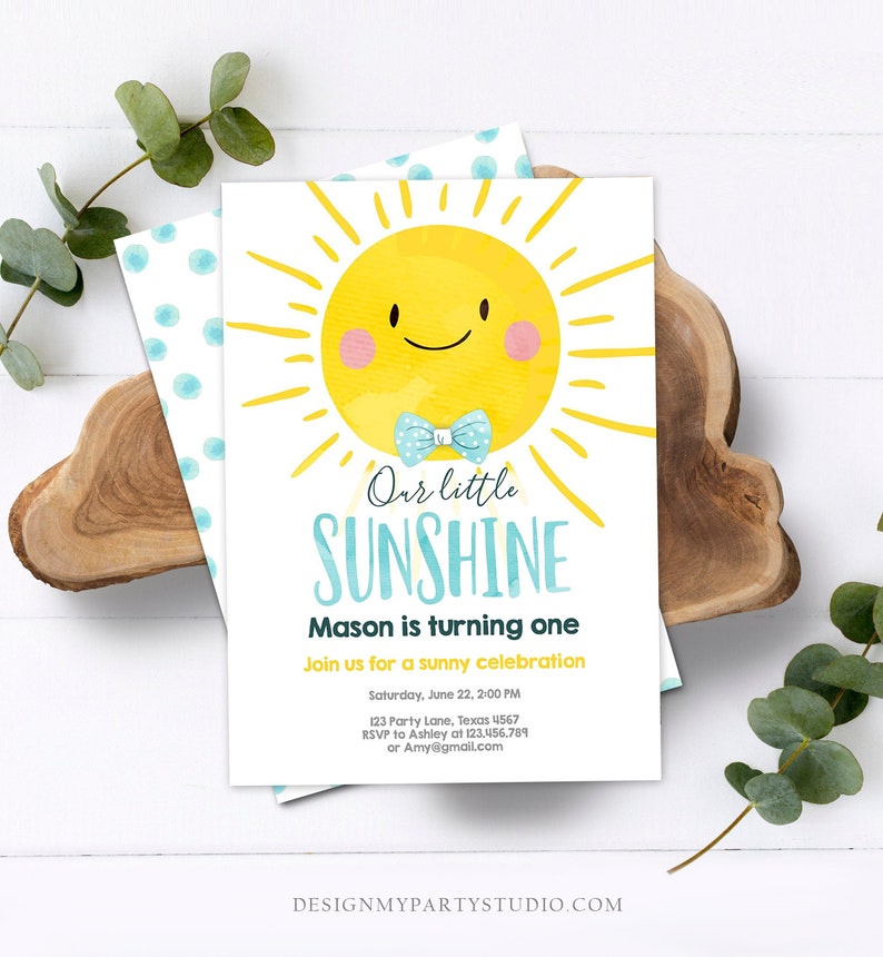 May include: A birthday invitation featuring a smiling yellow sun with a blue bow tie and pink cheeks. The text reads "Our little SUNSHINE" and "Mason is turning one." Additional details include the date, time, and RSVP information.