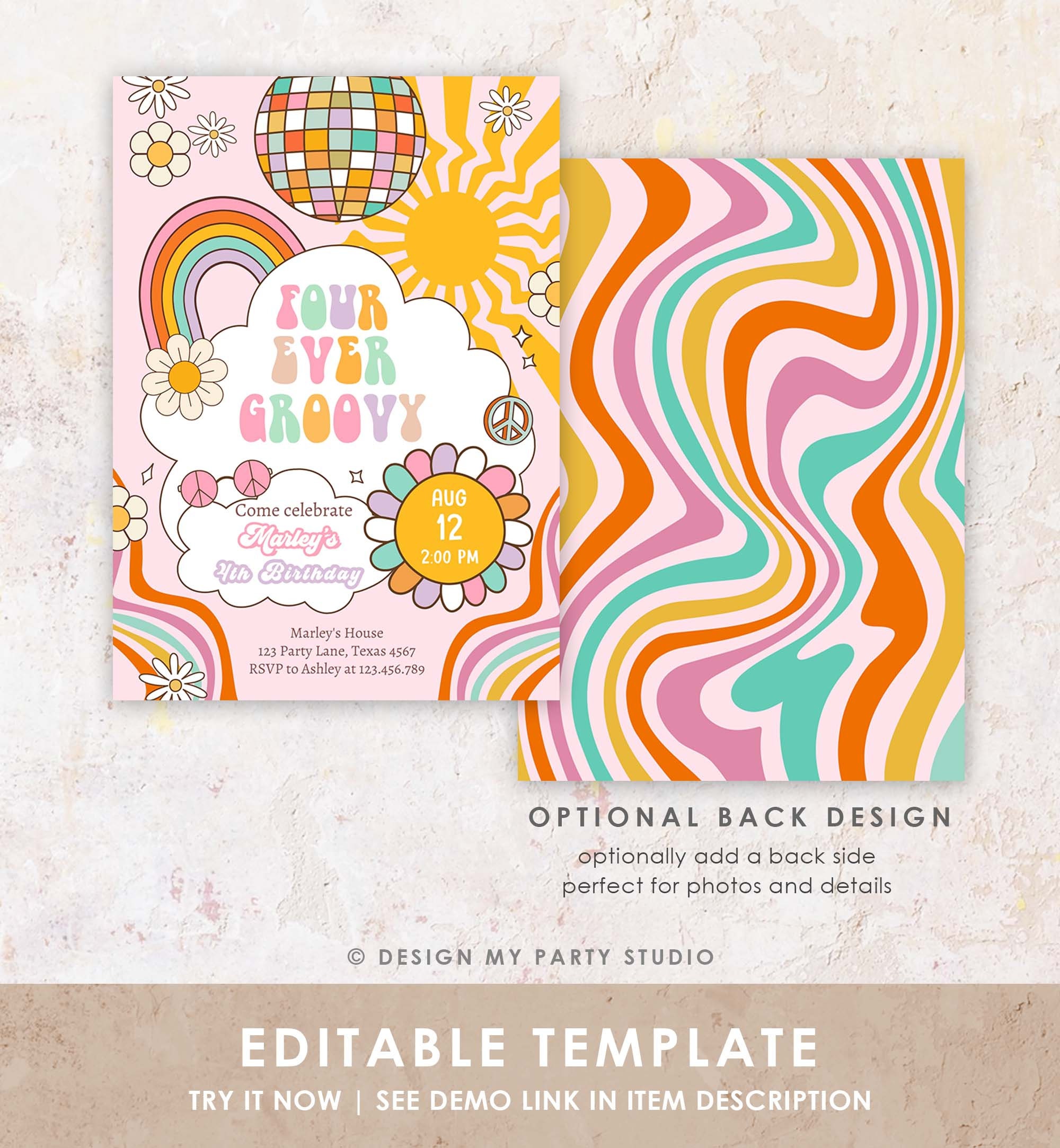 Editable Four Ever Groovy Birthday Invitation 4th Birthday Retro ...