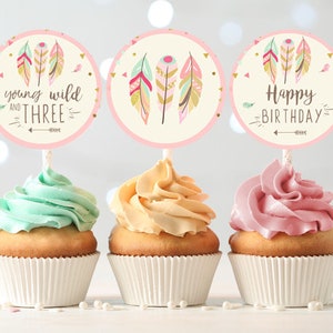Young Wild and Three Cupcake Toppers Favor Tags Birthday Party Decoration Pink Gold Feathers Tribal Download Digital PRINTABLE 0073