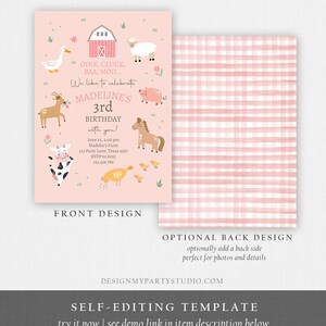 May include: A pink and white printable invitation with a farm theme. The invitation features a red barn, a cow, a pig, a horse, a sheep, a duck, a chicken, and a deer. The text on the invitation reads "OINK, CLUCK, BAA, MOO... We like to celebrate MADELINE'S 3rd BIRTHDAY with you!"
