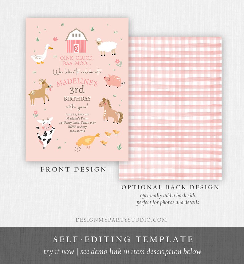May include: A pink and white printable invitation with a farm theme. The invitation features a red barn, a cow, a pig, a horse, a sheep, a duck, a chicken, and a deer. The text on the invitation reads "OINK, CLUCK, BAA, MOO... We like to celebrate MADELINE'S 3rd BIRTHDAY with you!"