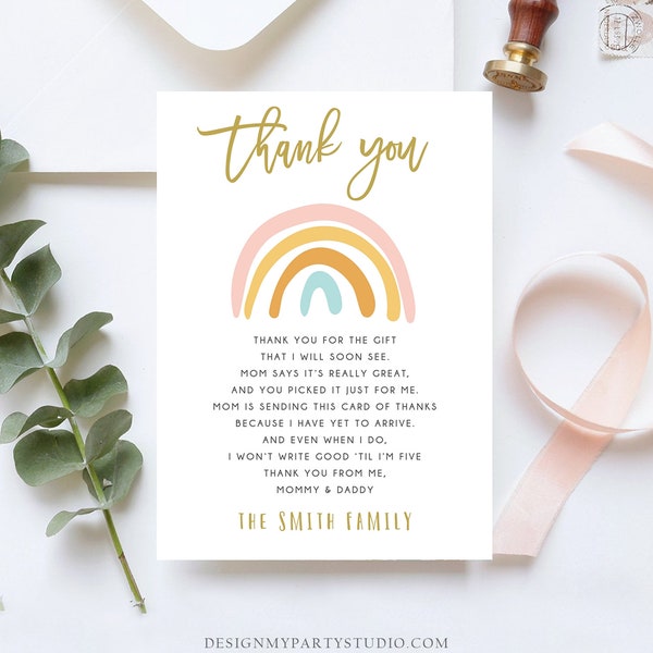 Editable Baby shower Thank you note Rainbow Thank You Rustic Girl Baby Shower Pastel Neutral Birthday Template Instant Download Corjl 0331