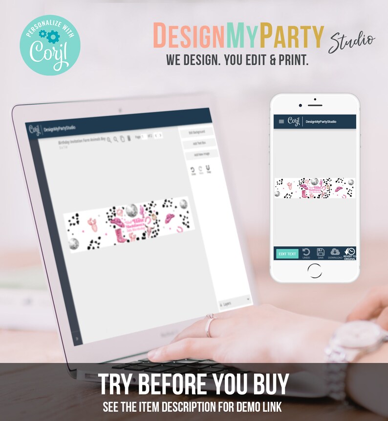 May include: A laptop and a smartphone displaying a website with a pink and black banner that says "Birthday Invitation Free Access by Coryl DesignMyParty Studio". The banner has a pink and black polka dot pattern with a pink and black glitter design. The text "TRY BEFORE YOU BUY" is displayed below the laptop.