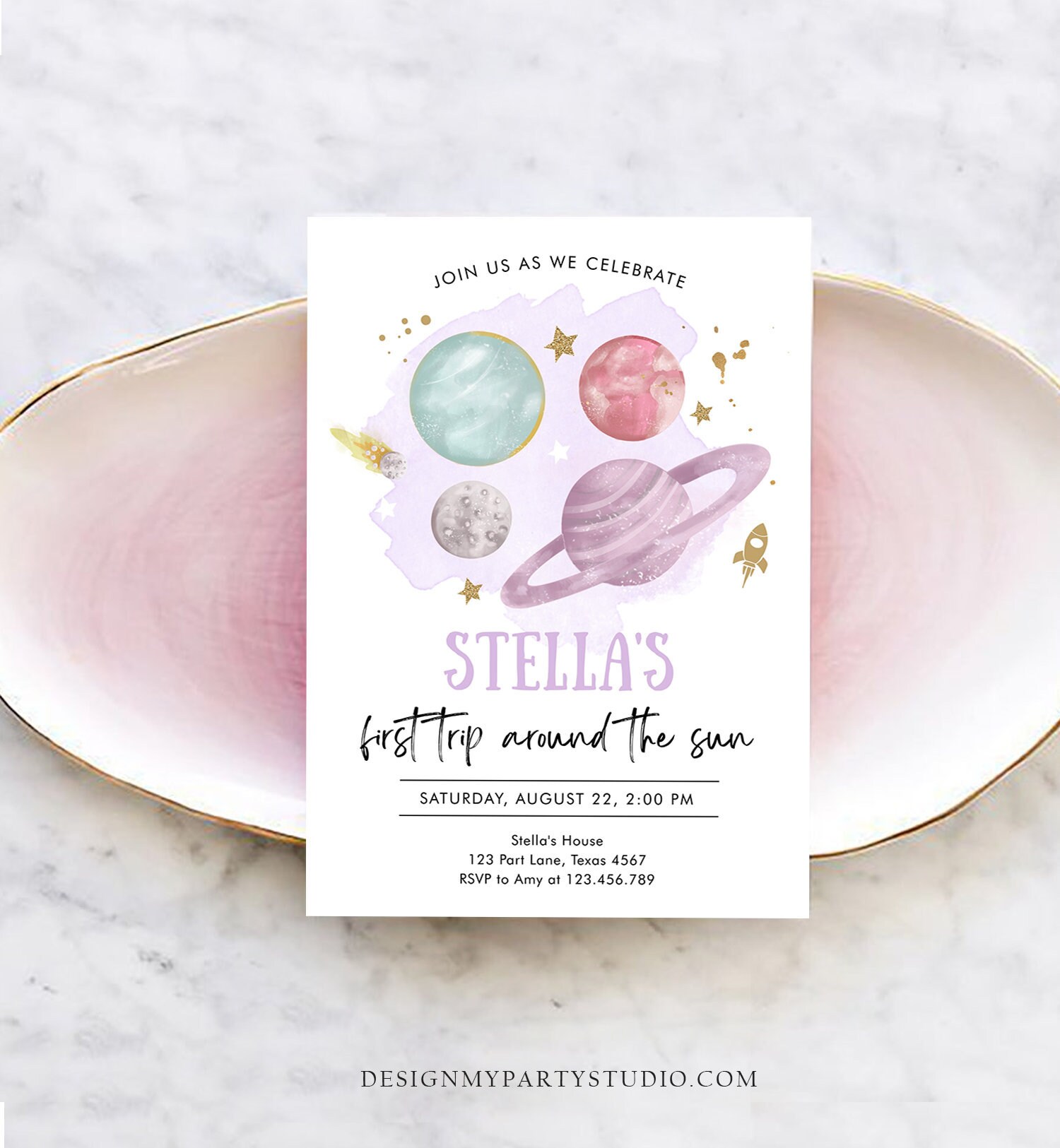 Editable Outer Space Girl First Birthday Invitation Galaxy Blast Off First Trip Around the Sun Purple Pink Printable Template