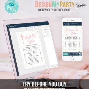 May include: A digital screen displaying a printable "Would She Rather" game for a bridal shower. The game features a pink and gold color scheme with a champagne glass graphic. The text "Would She Rather" is in a pink font. The game is available for download and customization.