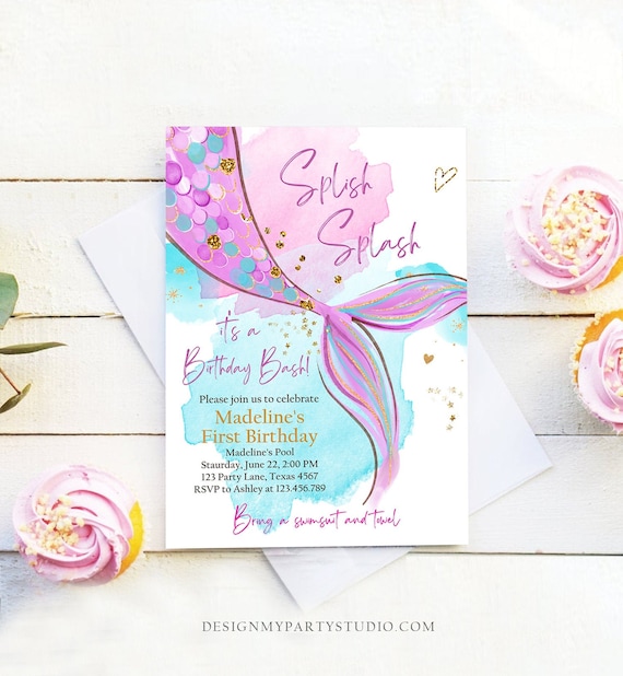 Editable Mermaid Birthday Party Invitation Girl Pink Purple Gold Mermaid Birthday Under The Sea Download Printable Template Corjl 0403 Il_570xn