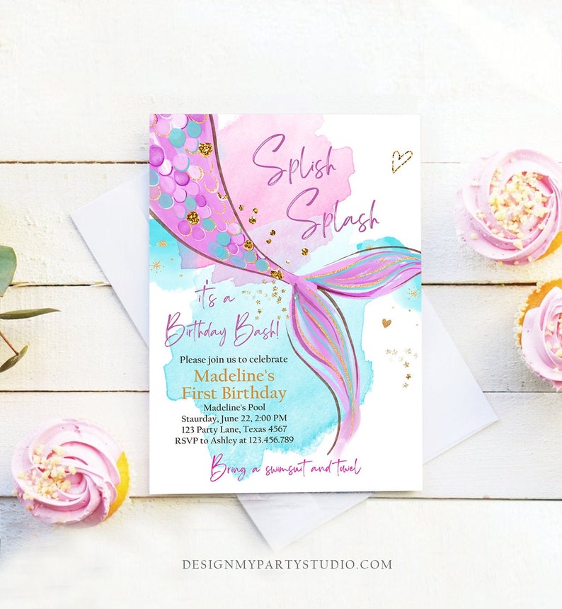 Editable Mermaid Birthday Party Invitation Girl Pink Purple Gold Mermaid Birthday Under The Sea Download Printable Template Corjl 0403 