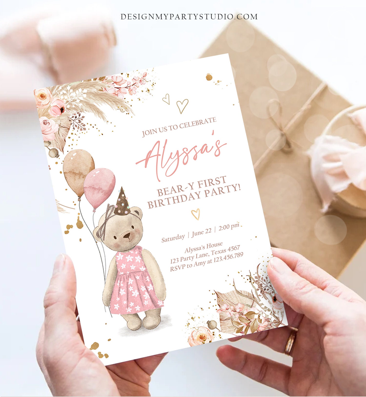 Editable Cute Teddy Bear 1st Birthday Invitation Girl Boho Teddy Bear ...