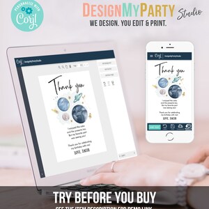 May include: A laptop and smartphone show a digital invitation with a space theme. The invitation features watercolor planets, stars, and the text "Thank you." The design includes the text "DesignMyParty Studio" and "Try Before You Buy."