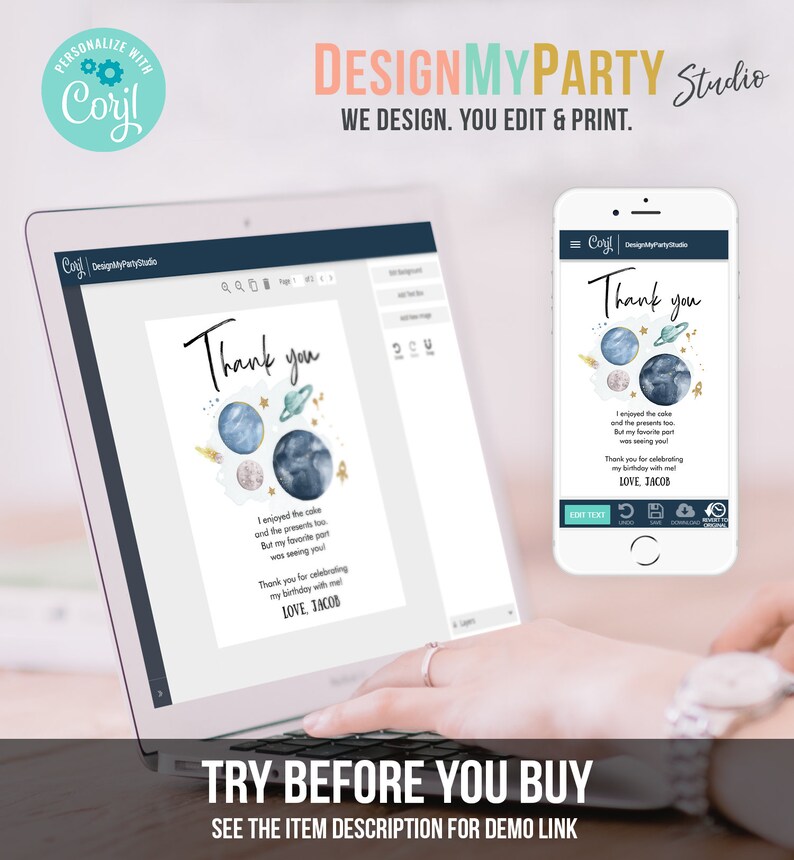 May include: A laptop and smartphone show a digital invitation with a space theme. The invitation features watercolor planets, stars, and the text "Thank you." The design includes the text "DesignMyParty Studio" and "Try Before You Buy."