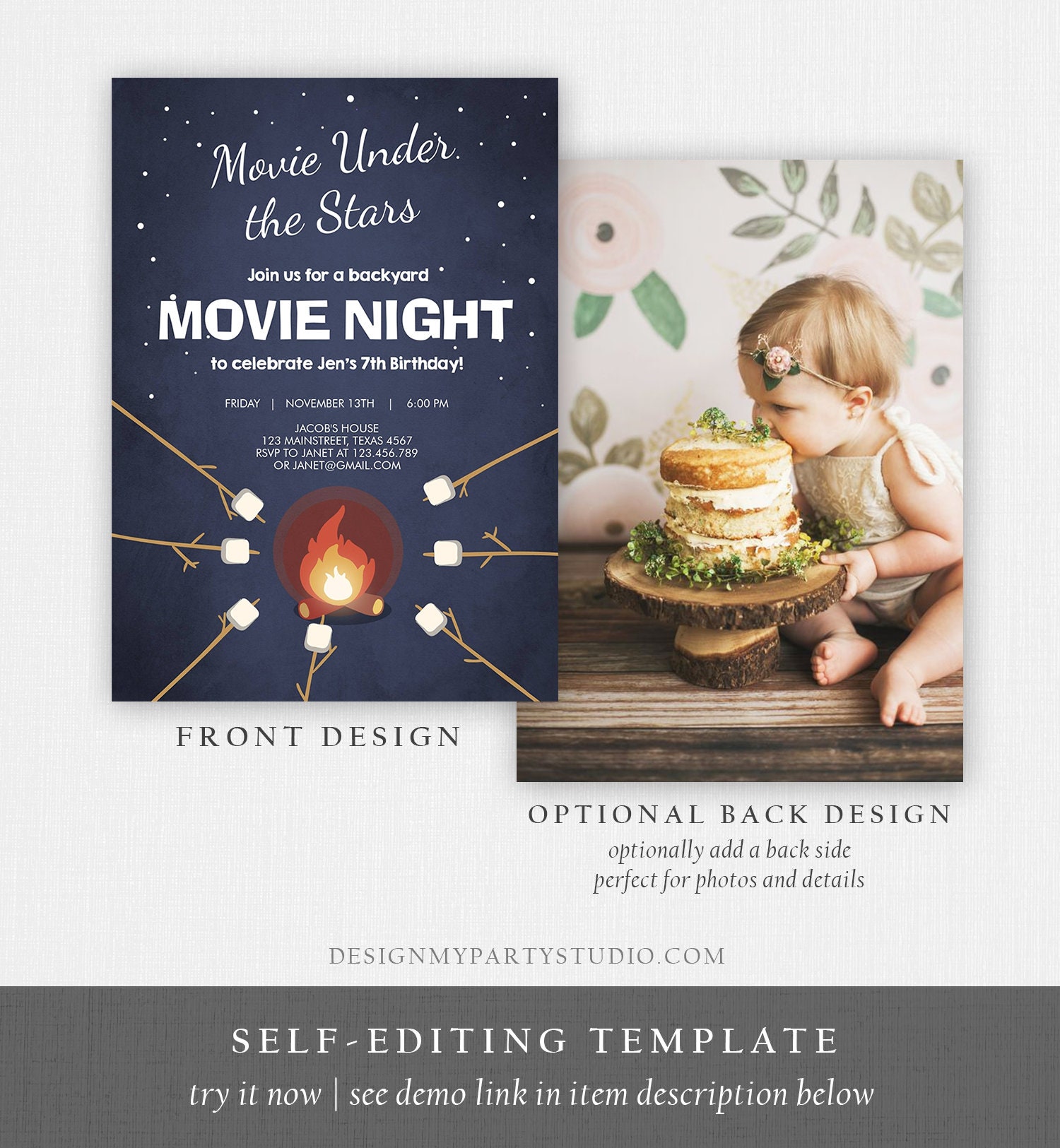 Editable Movie Night Birthday Invitation Under the Stars Bonfire ...