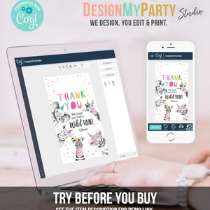 May include: A computer screen displaying a thank you card template featuring a zebra, elephant, and lion wearing party hats. The text on the card reads "Thank You. We hope you had a Wild Time! Olivia". The screen is on a laptop computer with a hand hovering over the keyboard. The text "Try Before You Buy" is displayed below the laptop.
