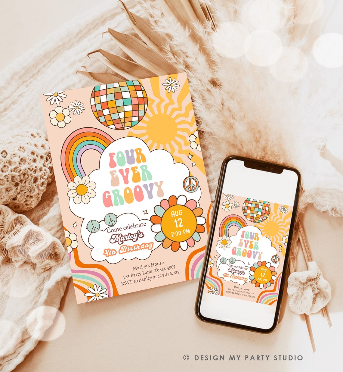 Editable Four Ever Groovy Birthday Invitation 4th Birthday Retro ...