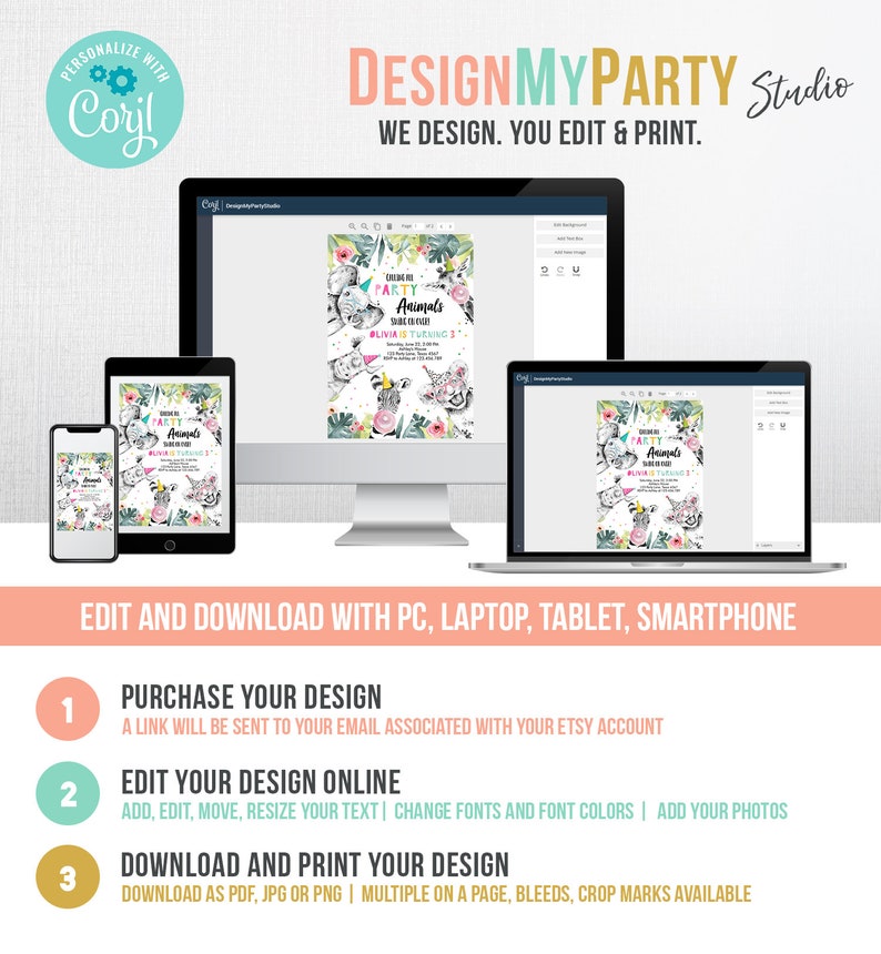 Puede incluir: Plantilla de invitaci&oacute;n editable para una fiesta infantil con tem&aacute;tica de animales de la selva. La invitaci&oacute;n presenta un dise&ntilde;o colorido con una variedad de animales, incluyendo una cebra, un le&oacute;n y un mono. El texto de la invitaci&oacute;n dice "Celebrate Party Animals Safari Fun!" y "Olivia is turning 3".