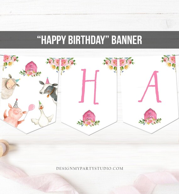 Happy Birthday Banner Pink Farm Birthday Banner Farm Animals Girl Barnyard Birthday Decorations Instant download PRINTABLE DIGITAL DIY 0155 Il_570xn