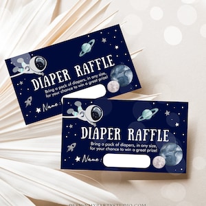 Bilhete de rifa de fraldas de astronauta do espaço sideral editável Chá de bebê Azul marinho Planetas Galáxia Registro Jogo de cartas Modelo Corjl IMPRIMÍVEL 0366